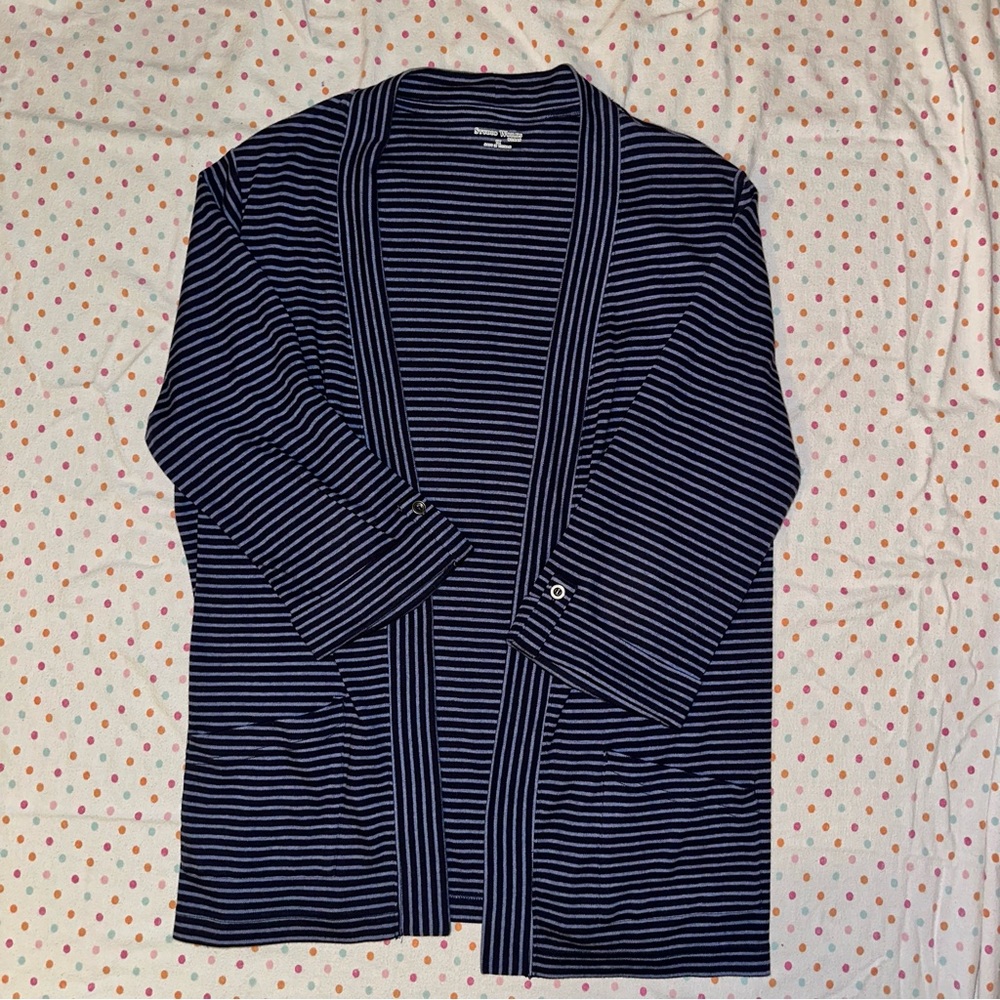 Studio Works Blue Striped Cardigan - Open Front, Pockets, 1X